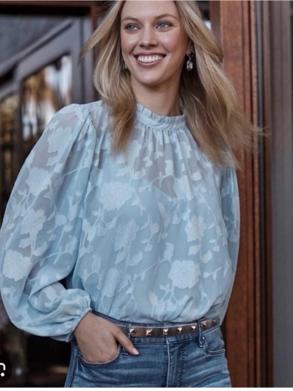 White House Black Market Light Blue Floral Sheer Blouse
